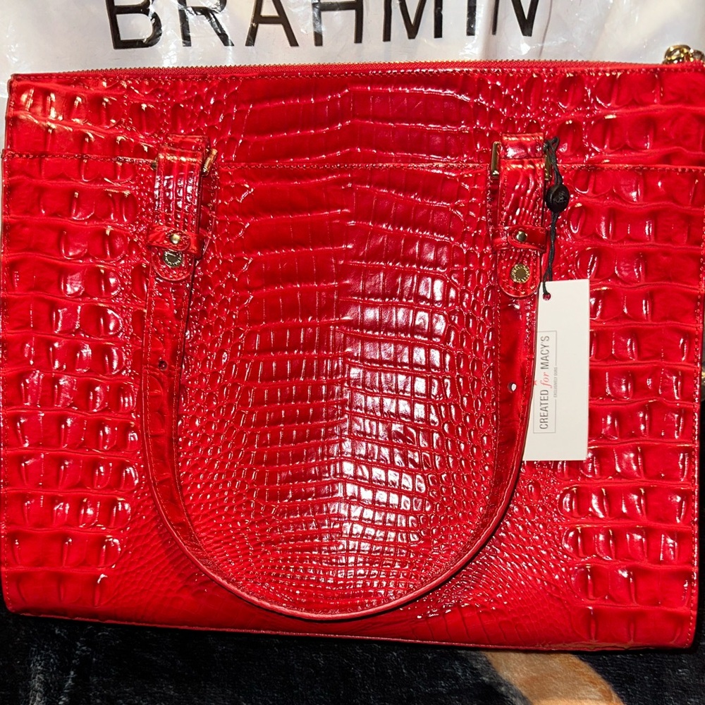 Used Once Brahmin Anywhere Melbourne Embossed Leather Tote Color:Red Carnation - Picture 3 of 9